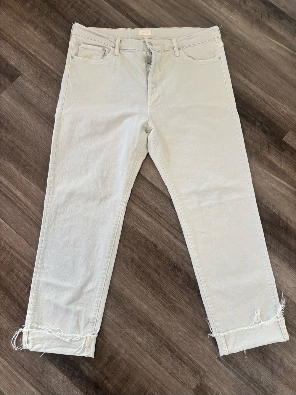MOTHER Relaxed Light Baby Blue Jeans with Frayed Cuff and Button Fly